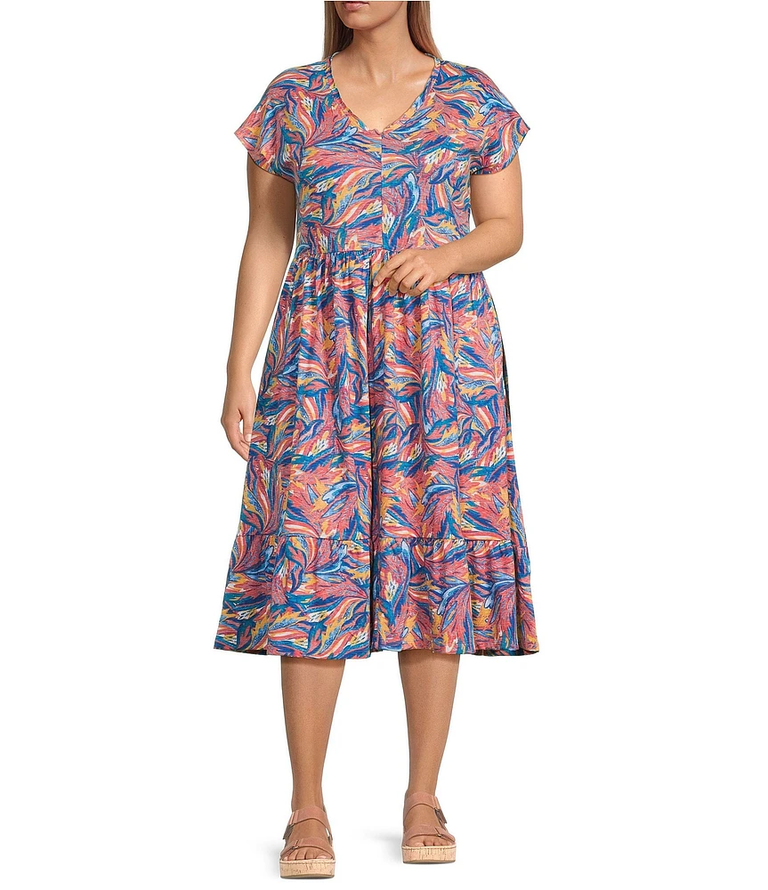 Intro Plus Size Paintbrush Abstract Print V-Neck Cap Sleeve Tiered A-Line Dress