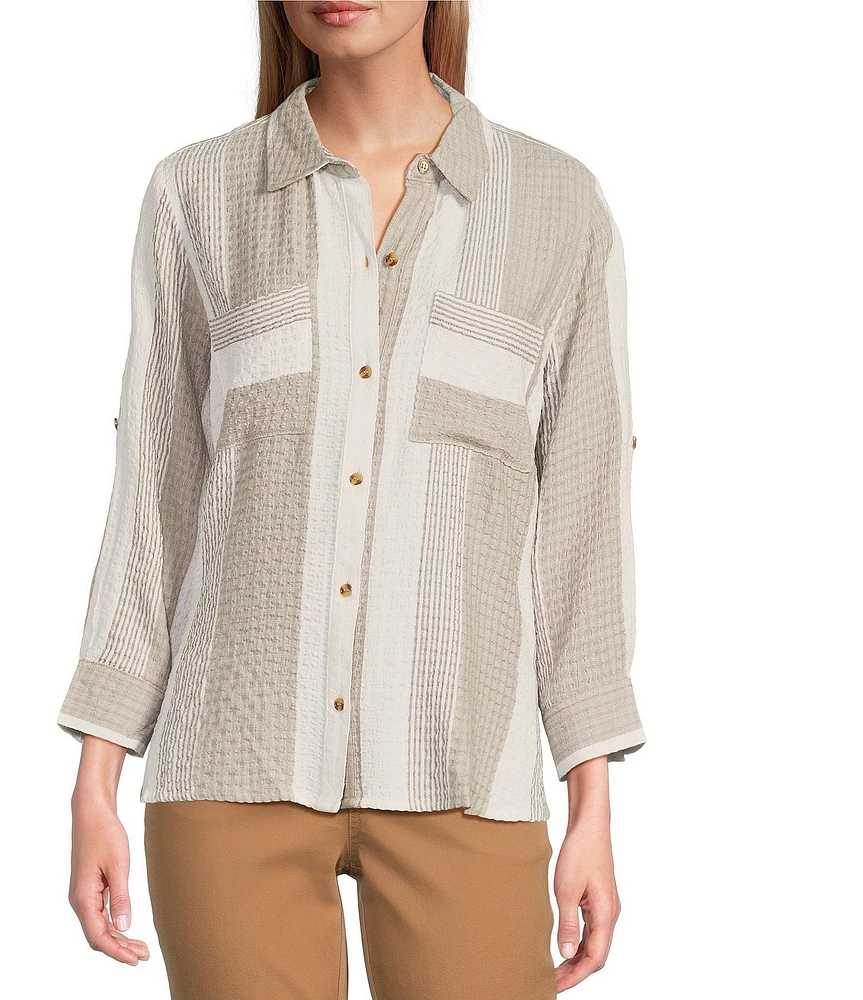 Intro Woven Stripe Point Collar Long Roll-Tab Sleeve Button Front Shirt