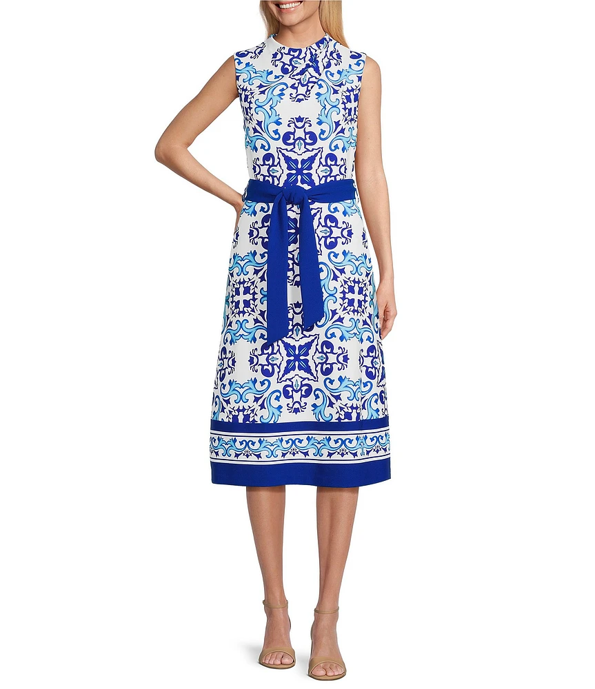 Investments Scuba Crepe Blue Regatta Print Sleeveless Crew Neck Tie Belt Fit and Flare Midi Dress