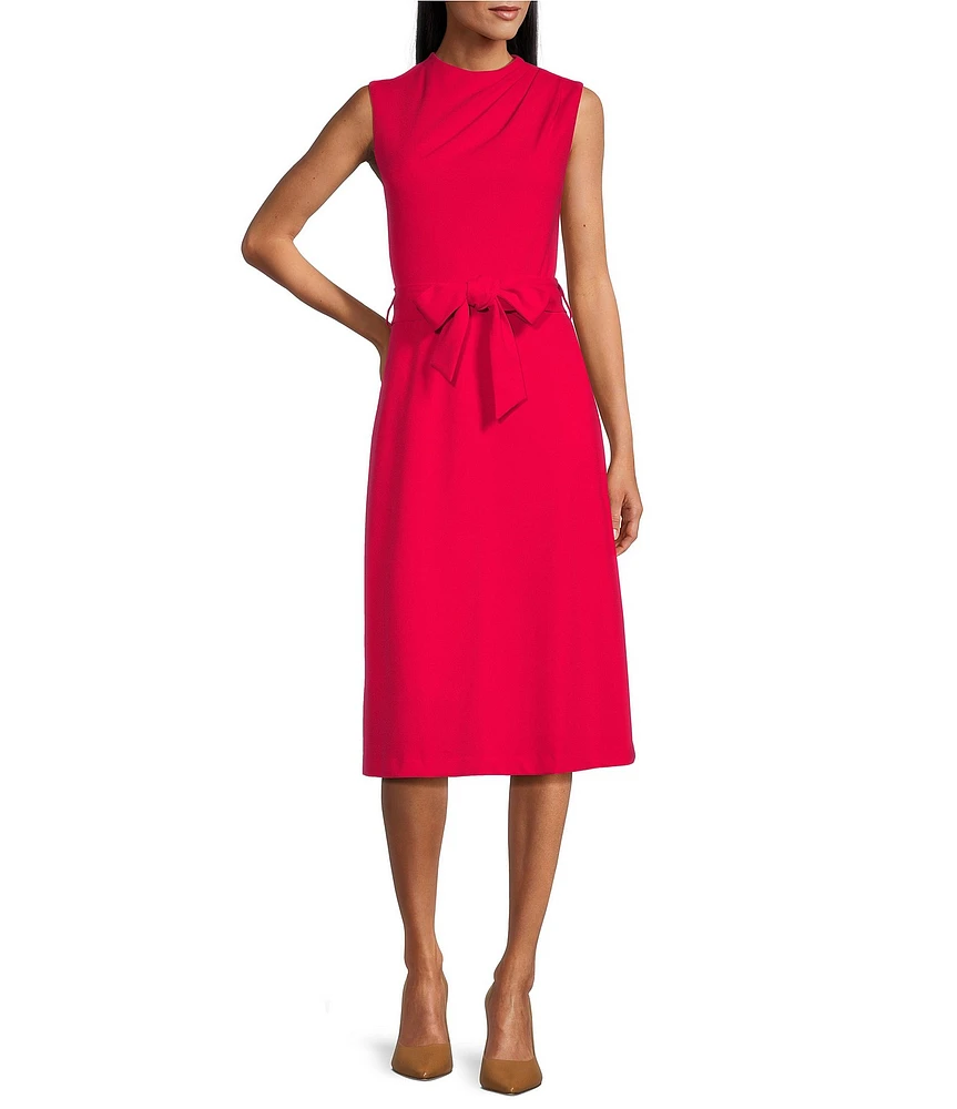 Investments Scuba Crepe Sleeveless Crew Neck Tie Belt Fit and Flare Midi Dress