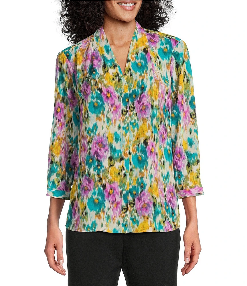 Investments Petite Size Caroline Signature Ikat Garden V-Neck 3/4 Sleeve Button Front Top