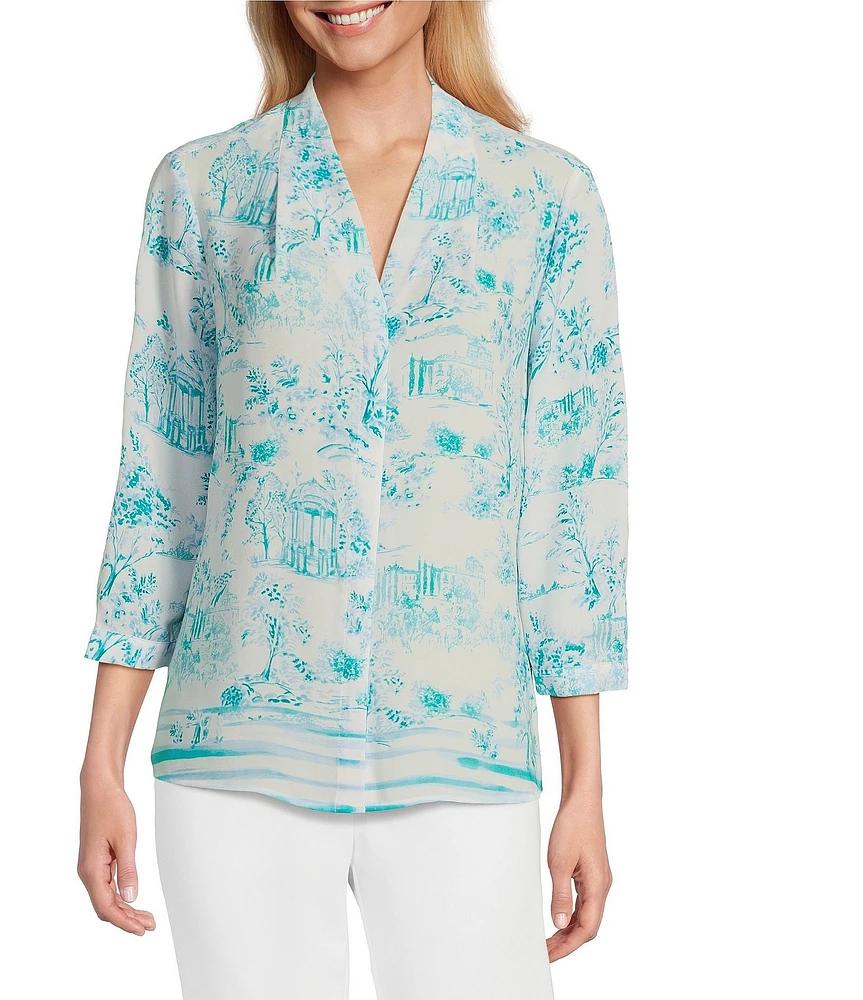 Investments Petite Size Caroline Signature Painted Toile V-Neck 3/4 Sleeve Button Front Blouse
