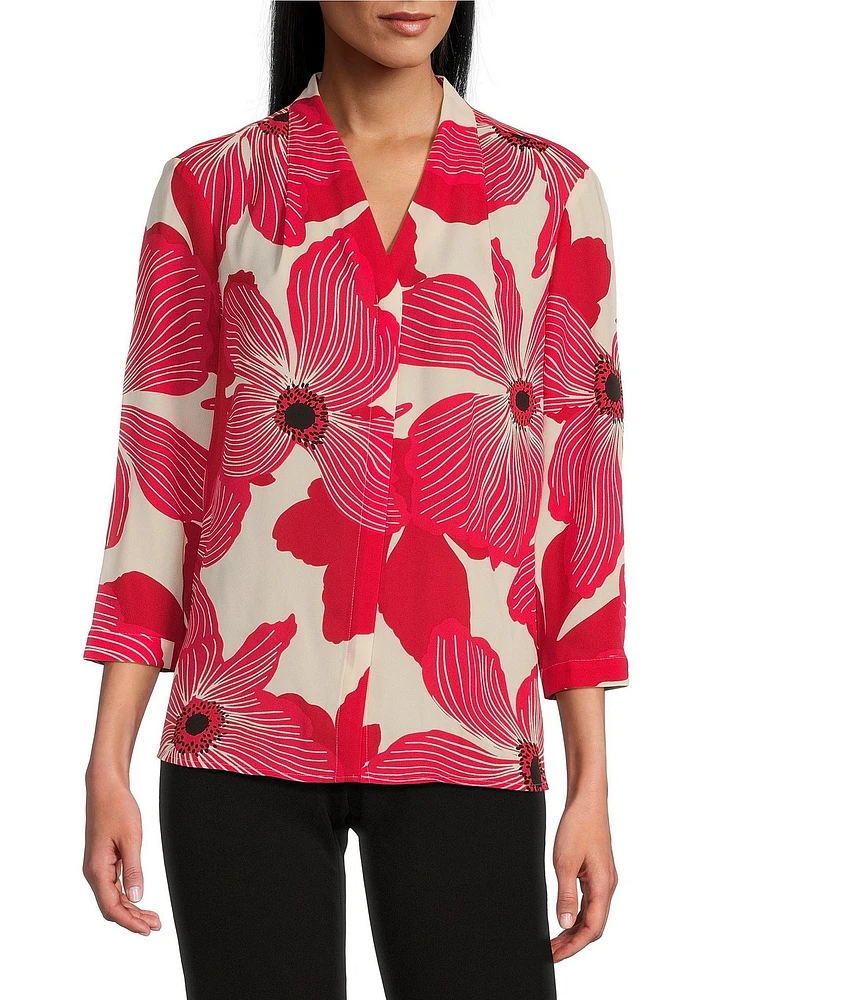 Investments Petite Size Caroline Signature Upbeat Poppy V-Neck 3/4 Sleeve Button Front Top