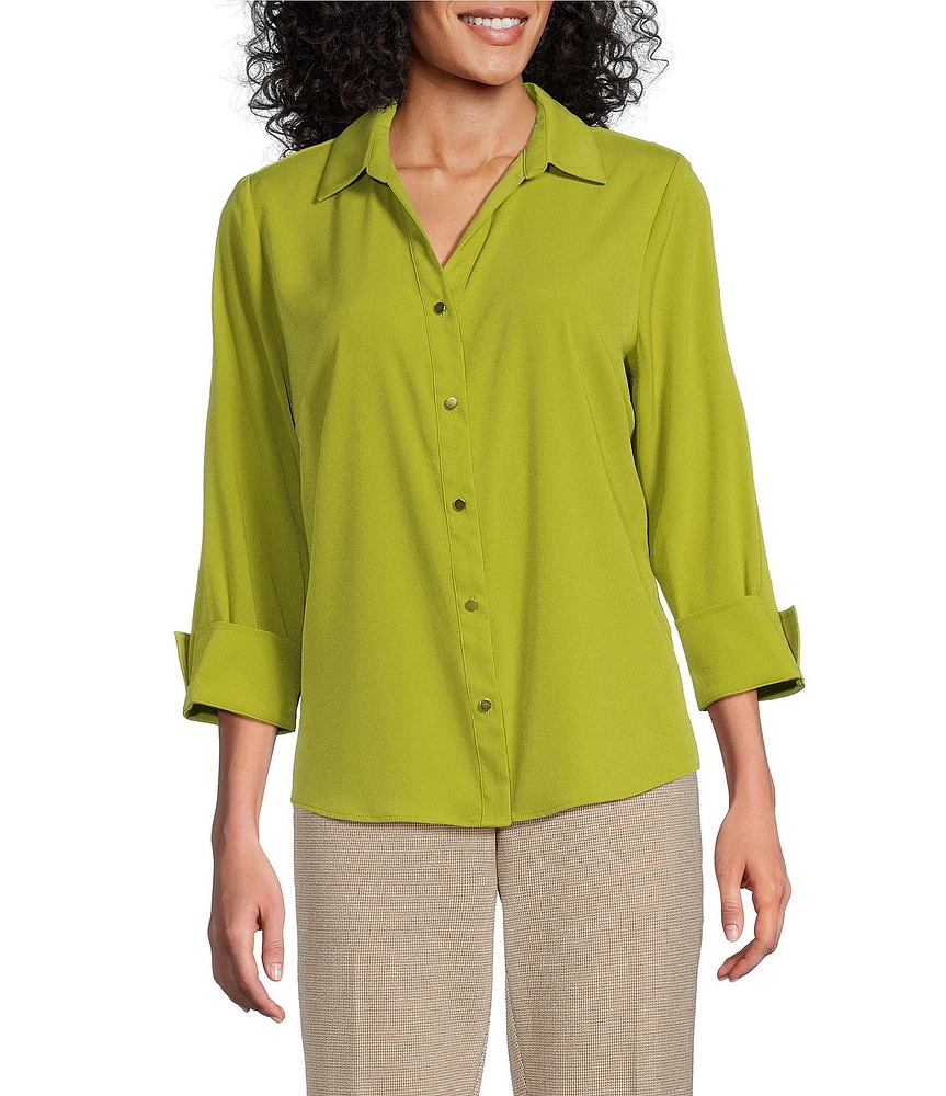 Investments Petite Size Woven 3/4 Sleeve Point Collar Button Front Split Cuff Top