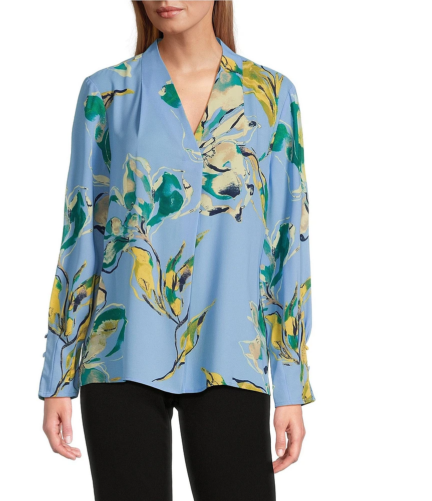 Investments Petite Size Woven Divine Floral Long Sleeve V-Neck Top