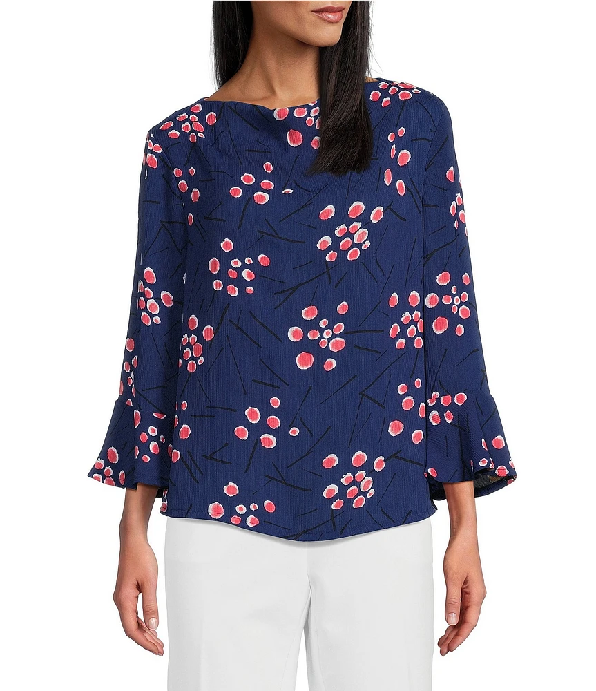 Investments Petite Size Woven Dots and Dashes 3/4 Ruffle Sleeve Cowl Neck Top