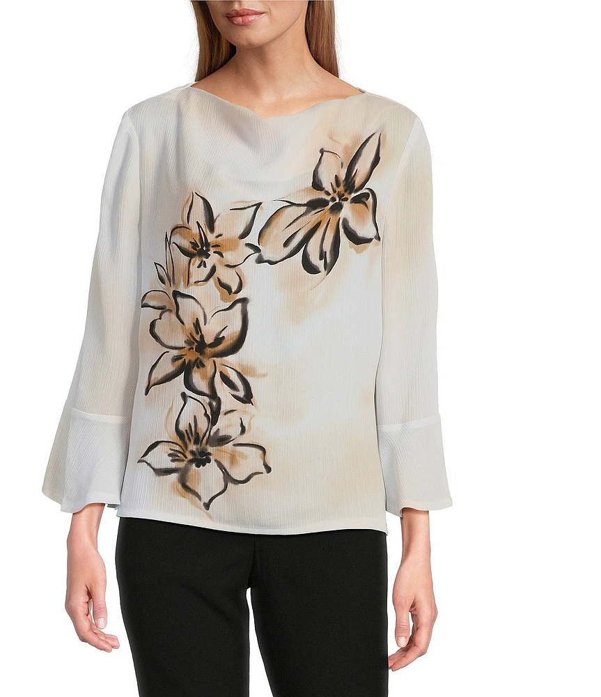Investments Petite Size Woven Floral Graffiti 3/4 Ruffle Sleeve Cowl Neck Top