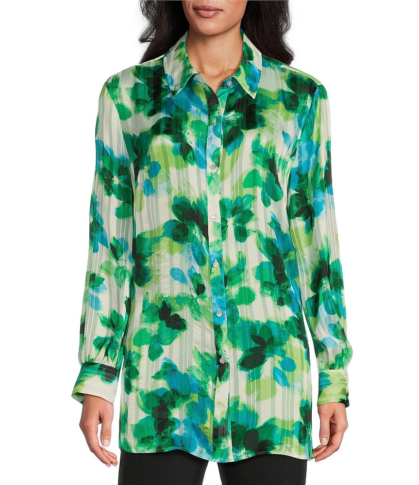 Investments Petite Size Woven Multi Layered Petals Long Sleeve Point Collar Button Front Top