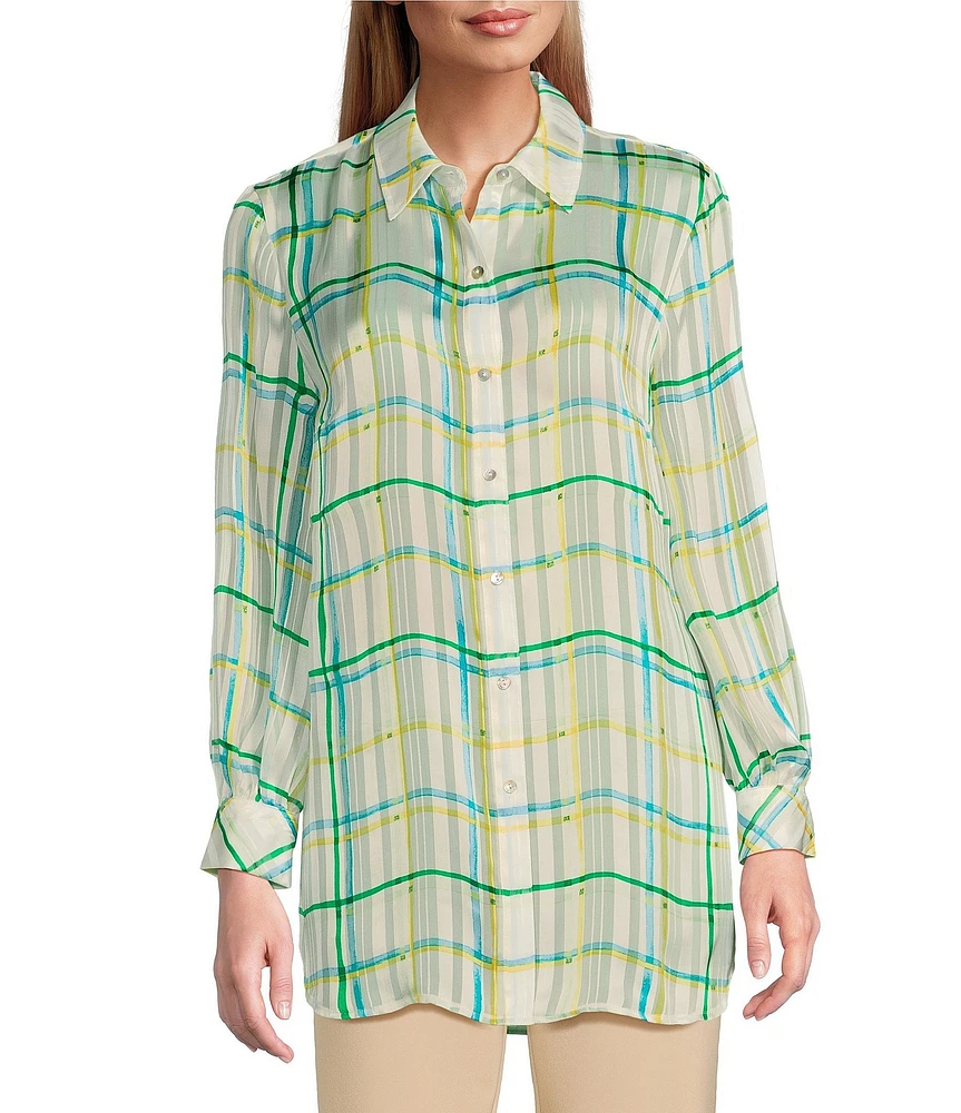 Investments Petite Size Woven Multi Windowpane Plaid Long Sleeve Point Collar Button Front Top