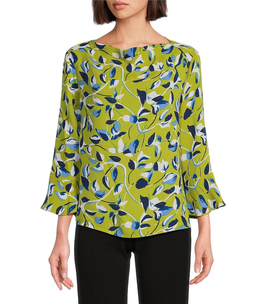 Investments Petite Size Woven Painted Leaves 3/4 Ruffle Sleeve Cowl Neck Top