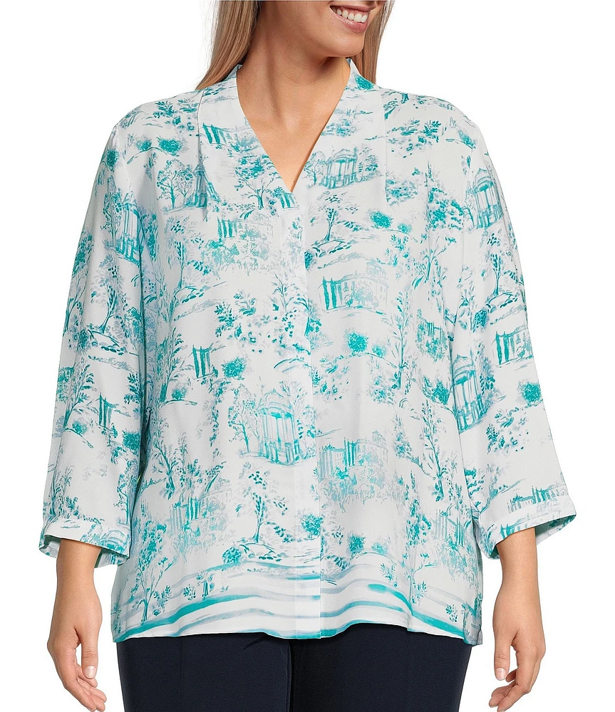 Investments Plus Size Caroline Signature Painted Toile V-Neck 3/4 Sleeve Button Front Blouse