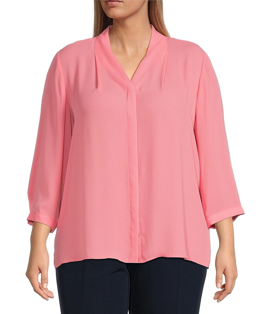 Investments Plus Size Caroline Signature V-Neck 3/4 Sleeve Button Front Blouse