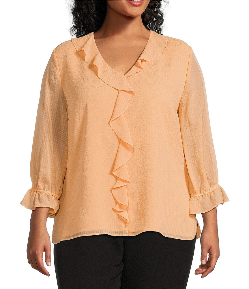 Investments Plus Size Riley Woven Cascading Ruffle V-Neck 3/4 Sleeve Top