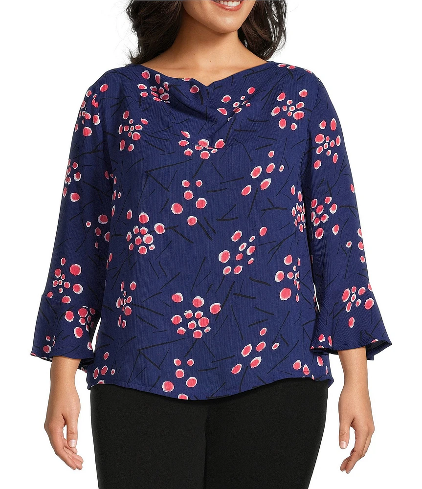 Investments Plus Size Woven Dots and Dashes 3/4 Ruffle Sleeve Cowl Neck Top