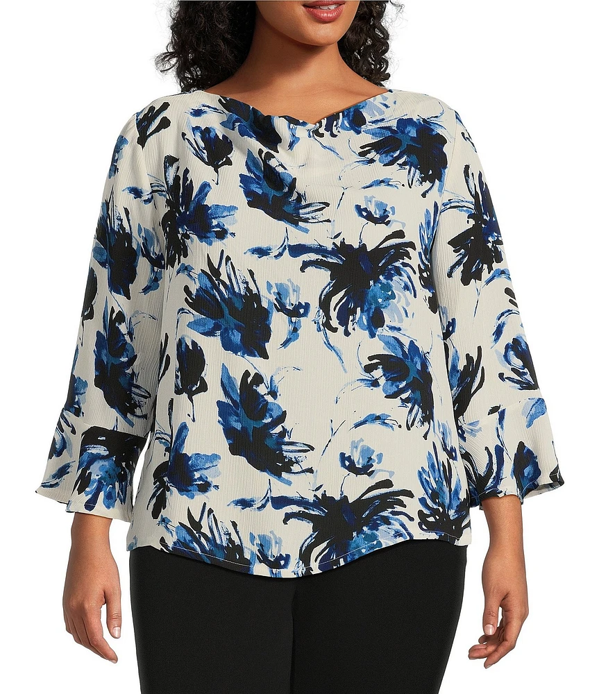Investments Plus Size Woven Expressive Blooms 3/4 Ruffle Sleeve Cowl Neck Top
