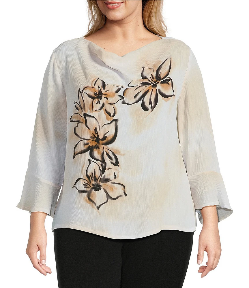 Investments Plus Size Woven Floral Graffiti 3/4 Ruffle Sleeve Cowl Neck Top