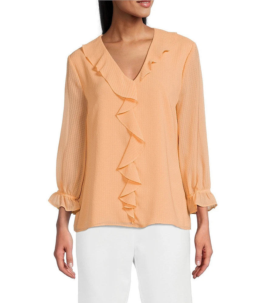 Investments Riley Woven Cascading Ruffle V-Neck 3/4 Sleeve Top