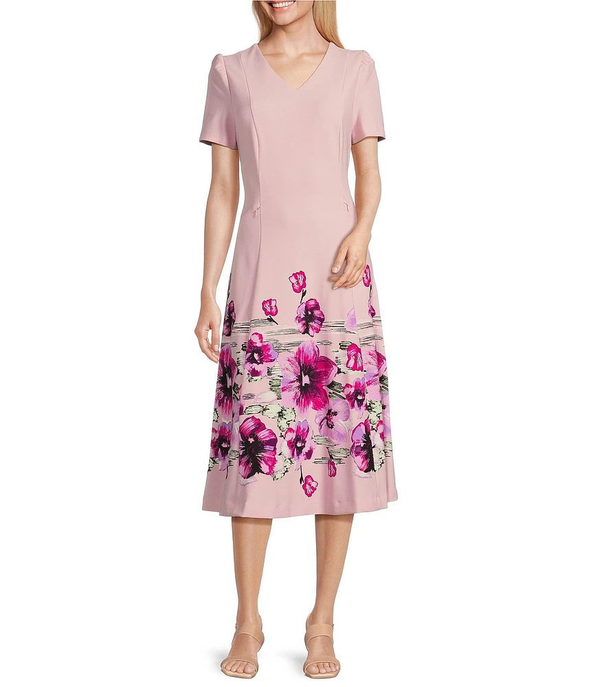Investments Scuba Crepe Lilac Floral Border Short Sleeve Fit and Flare V-Neck Midi Dress