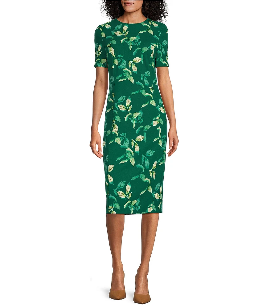 Investments Scuba Crepe Meadow Leaf Short Sleeve Sheath Dress