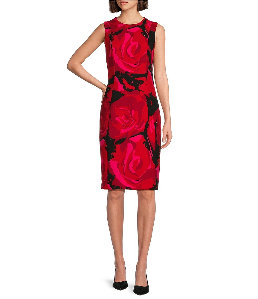 Investments Scuba Crepe red Roses Print Sleeveless Sheath Dress
