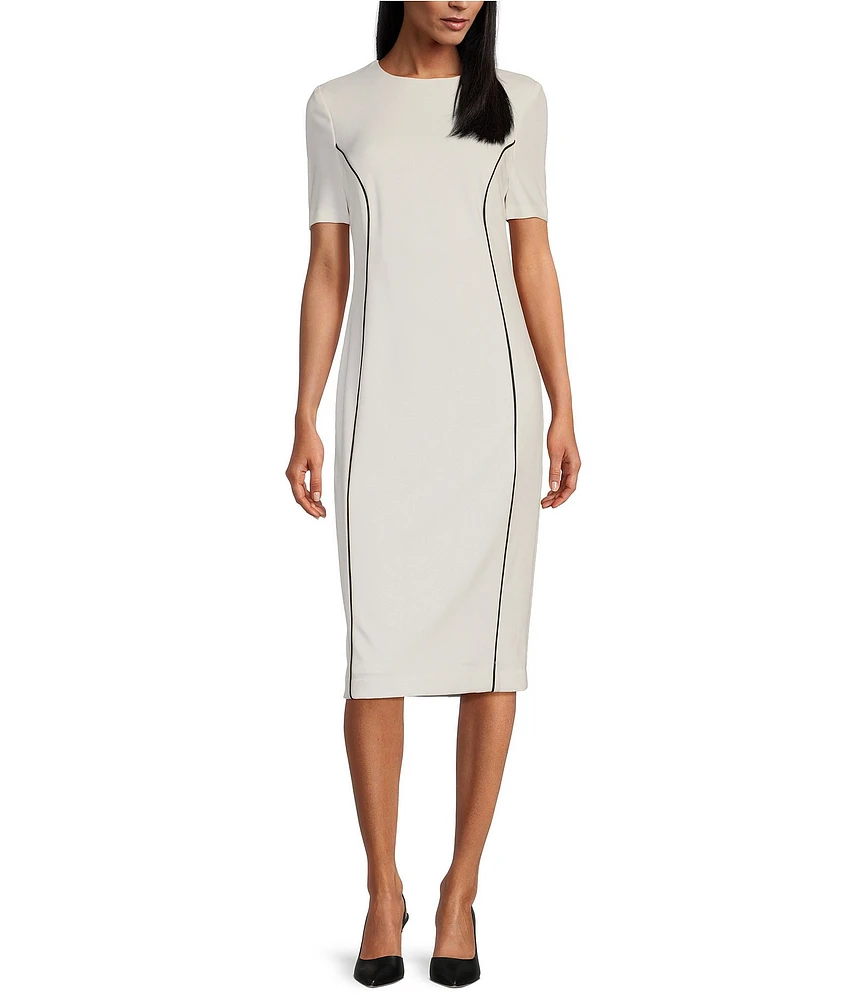 Investments Scuba Crepe Short Sleeve Contrast Piping Sheath Dress