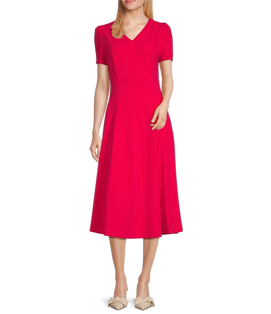 Investments Scuba Crepe Short Sleeve Fit and Flare V-Neck Dress