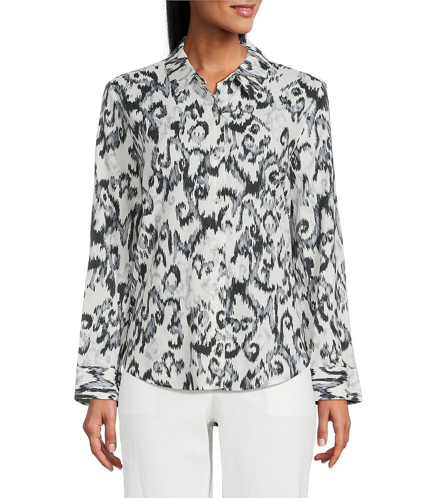 Investments Woven Black White Ikat Long Sleeve Point Collar Button Front Top