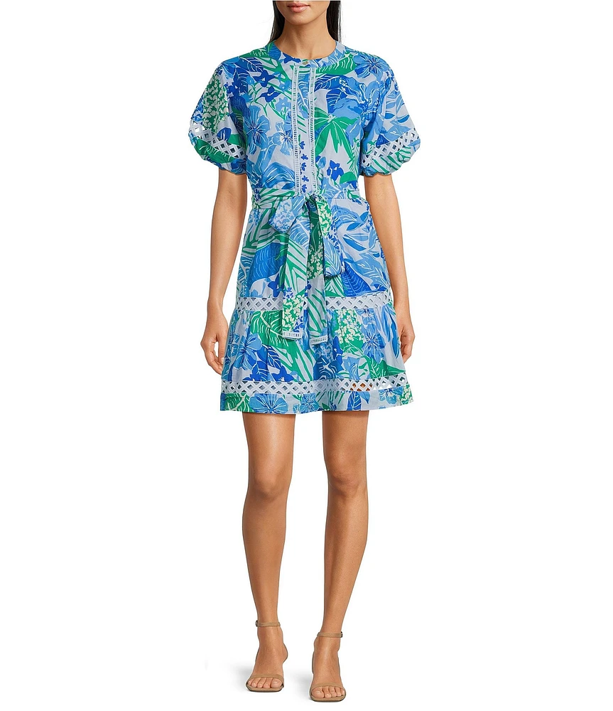 J.Marie Andie Floral Print Split Round Neck Short Puff Sleeve Belted Dress