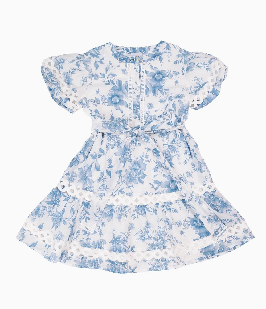 J.Marie Big Girls Chloe Toile Print Tie Front Puff Sleeve Dress