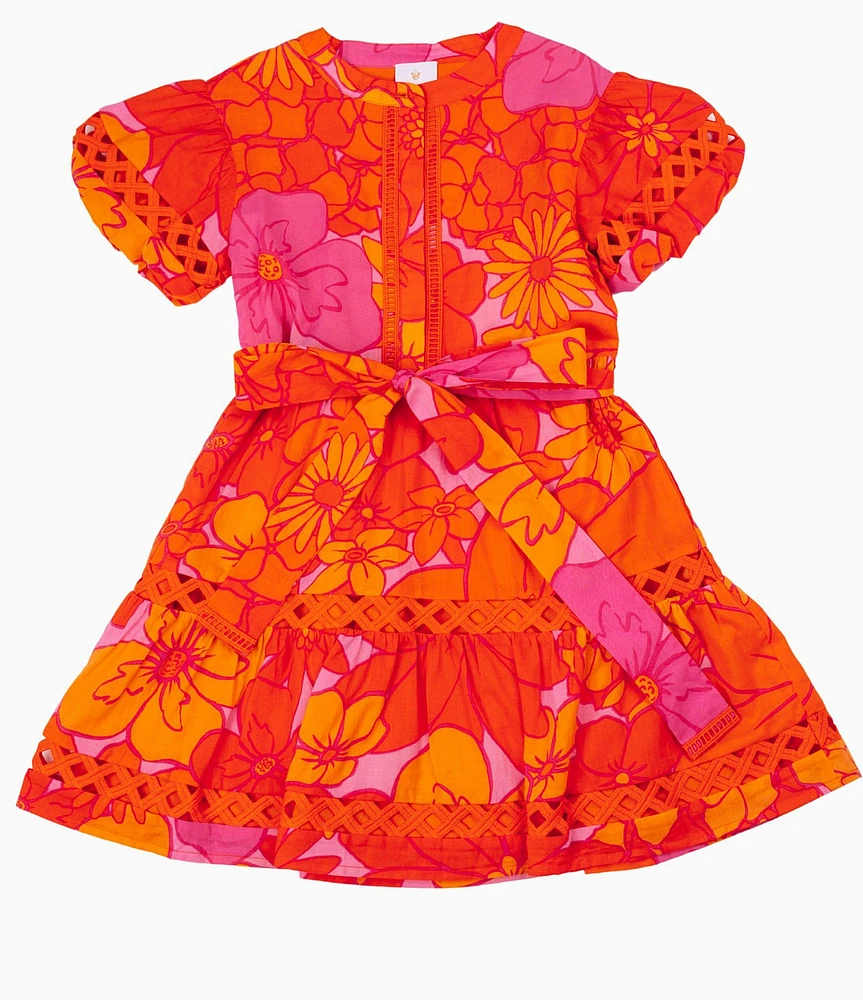 J.Marie Big Girls Lizzie Floral Print Button Front Puff Sleeve Dress