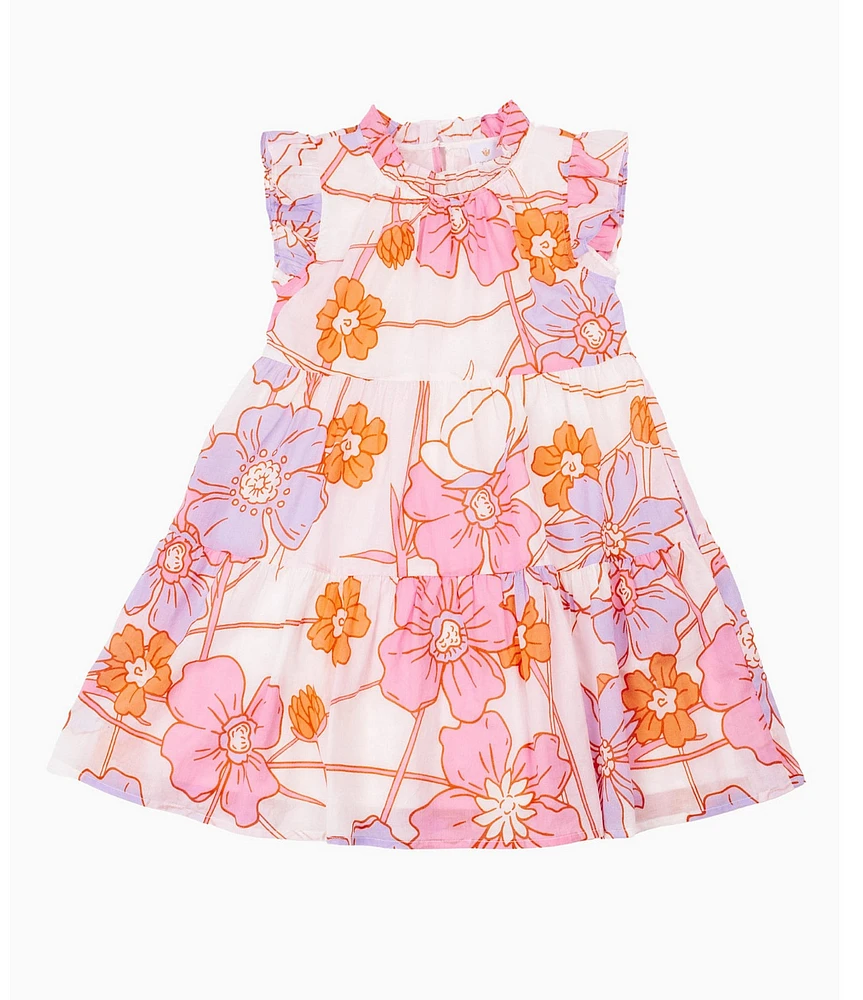 J.Marie Big Girls Mollie Floral Print Flutter Sleeve Tiered Dress
