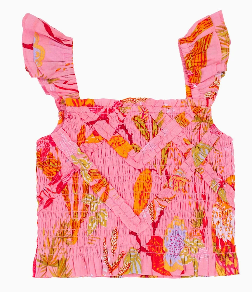 J.Marie Big Girls Playa Smocked Tropical Floral Print Ruched Top