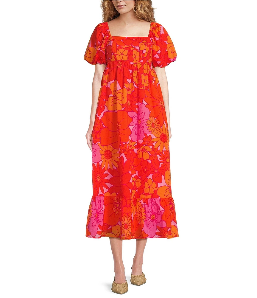J.Marie Lizzie Square Neck Short Puff Sleeve Babydoll Midi Dress