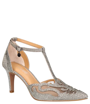 J. Renee Lisha Satin And Mesh Rhinestone T-Strap Pumps