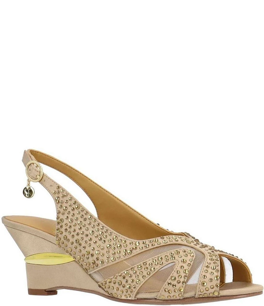 J. Renee Lovela Rhinestone Satin Mesh Slingback Wedge Peep Toe Pumps