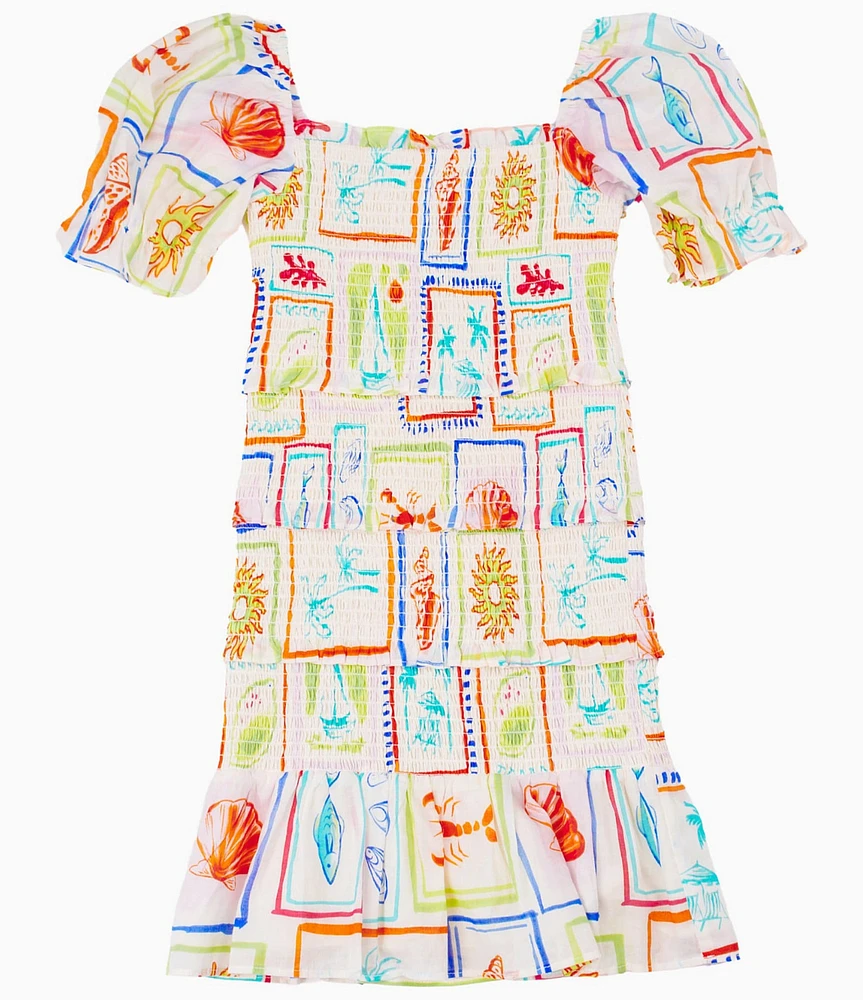 J.Marie Big Girls Lucia Beach Vibes Tropical Print Puff Sleeve Dress