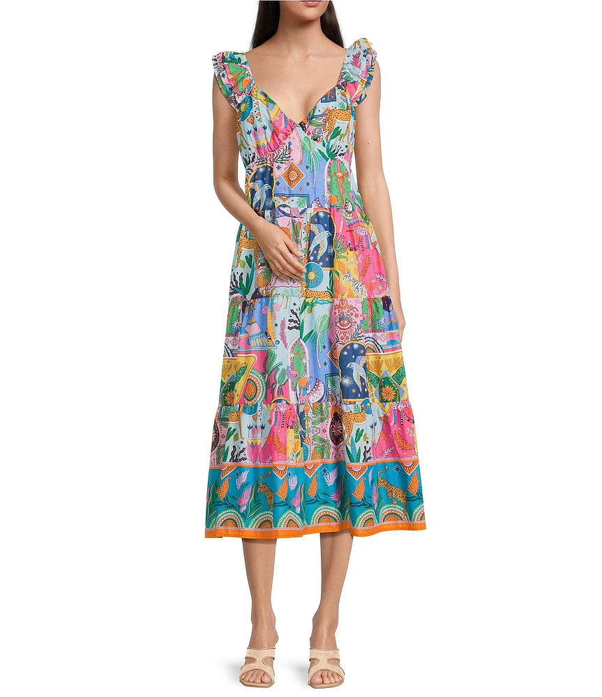 J.Marie Sloane Printed V-Neck Ruffle Sleeve A-Line Maxi Dress