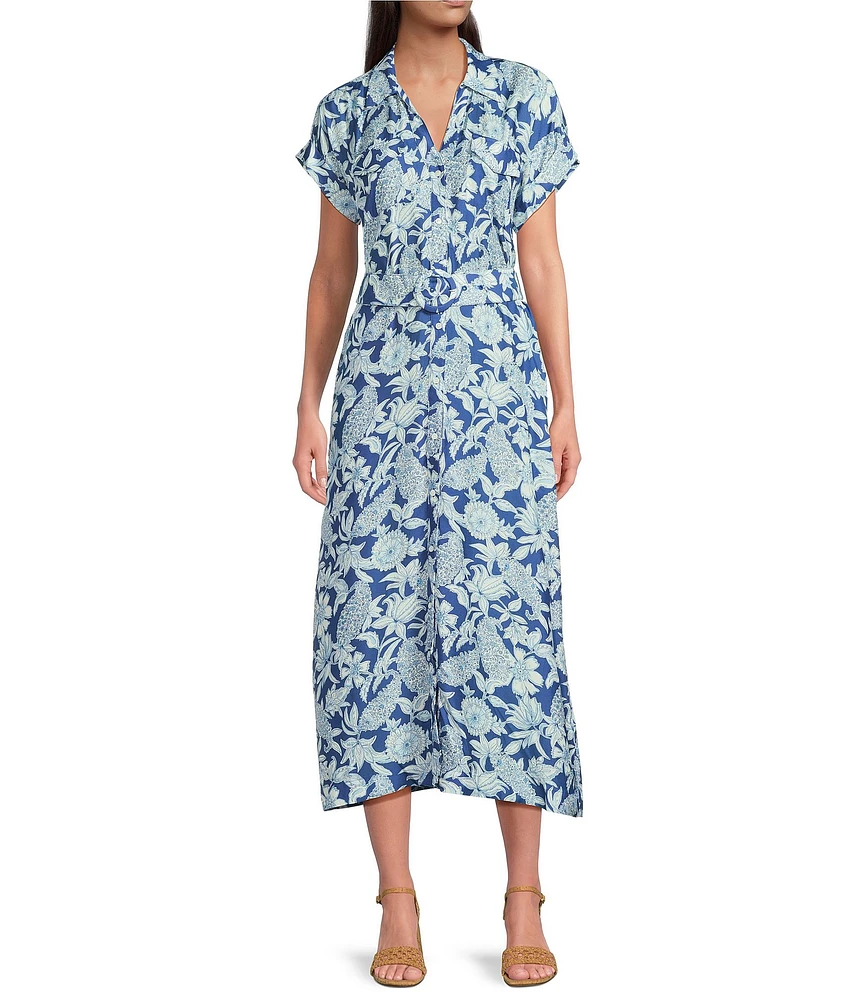 J.McLaughlin Cetara Floral Print Point Collar Short Sleeve Belted Midi Dress