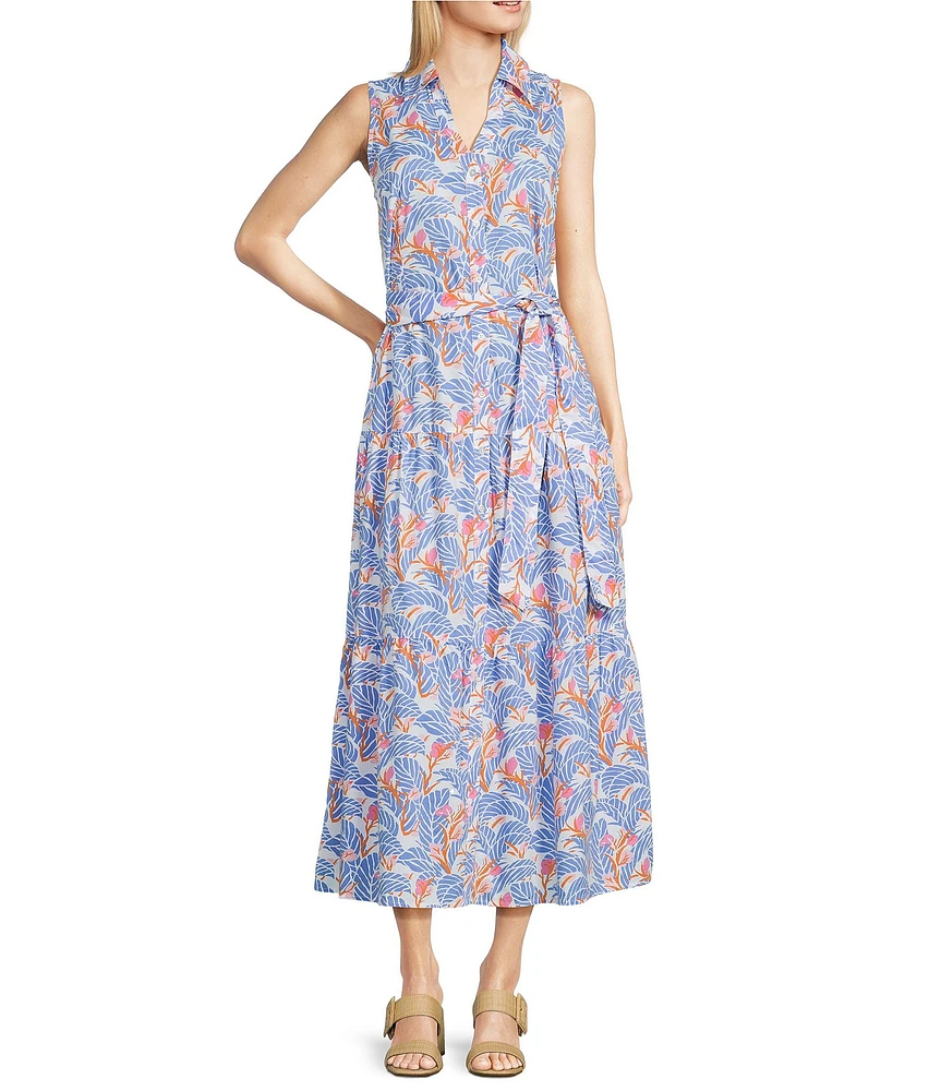 J.McLaughlin Karis Floral Print Point Collar Sleeveless Tiered Midi Dress