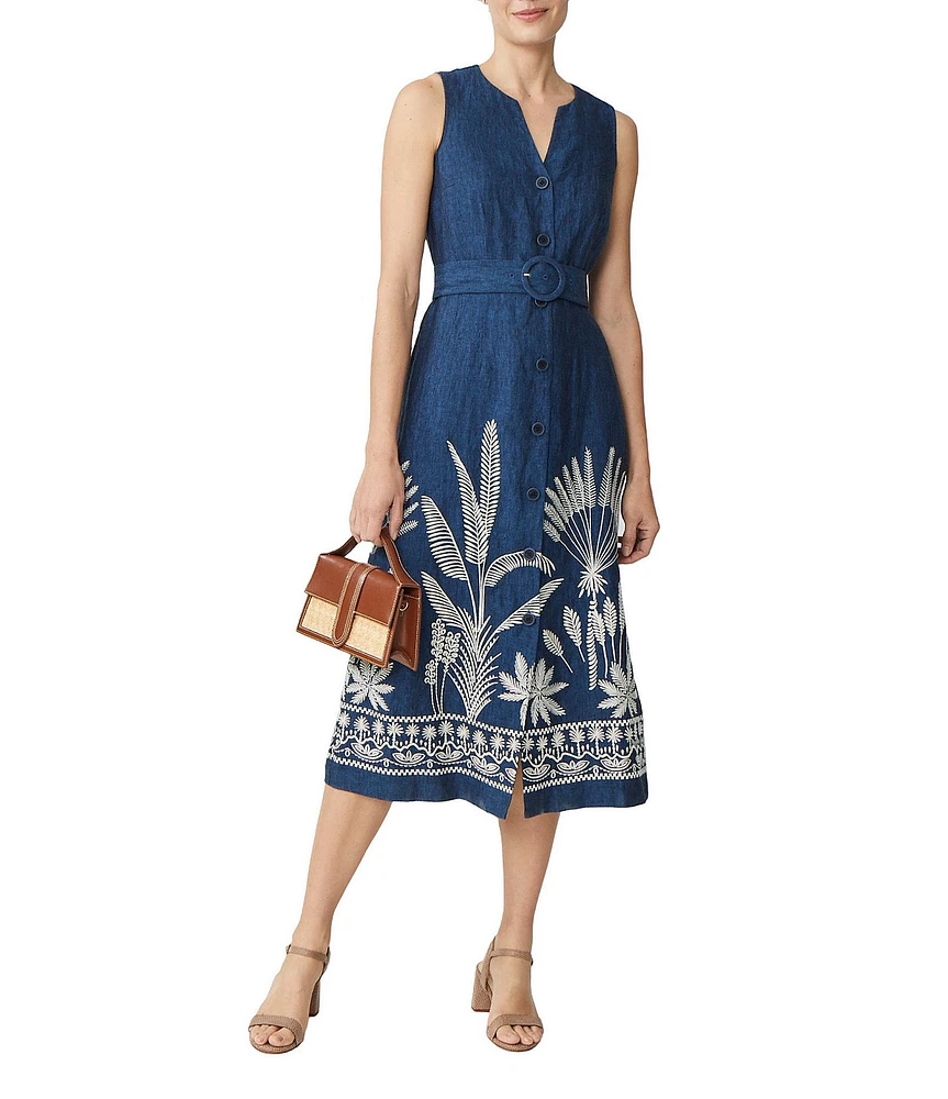 J.McLaughlin Margarette Linen Floral Embroidered Split V-Neck Sleeveless Midi Dress