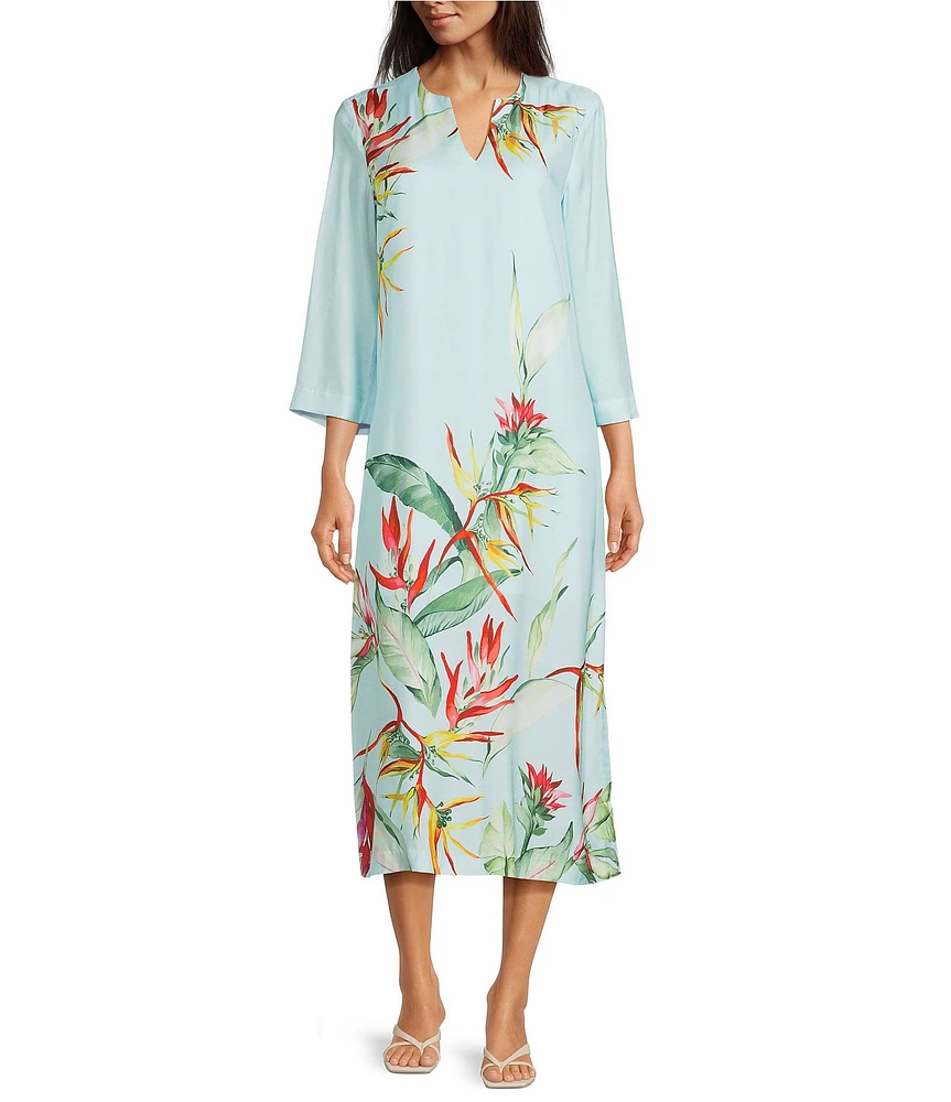 J.McLaughlin Roni Floral Print Split V-Neck 3/4 Sleeve Midi Dress