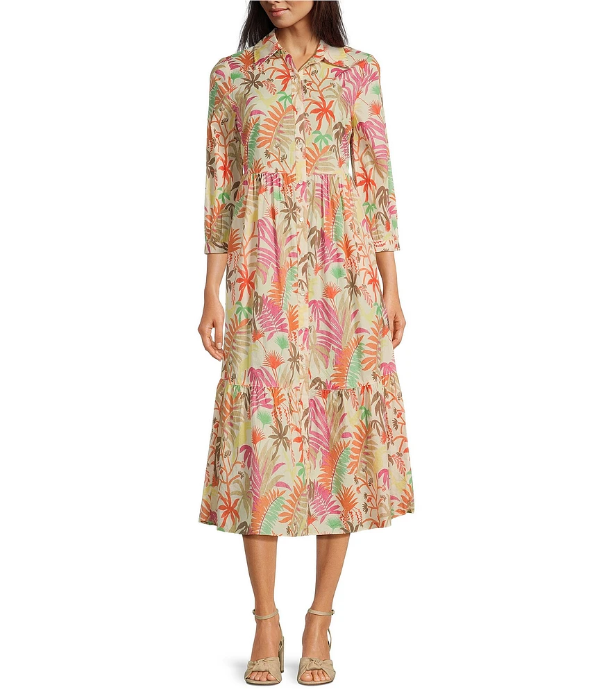J.McLaughlin Tybee Printed Knit Point Collar 3/4 Cuff Sleeve Midi Dress