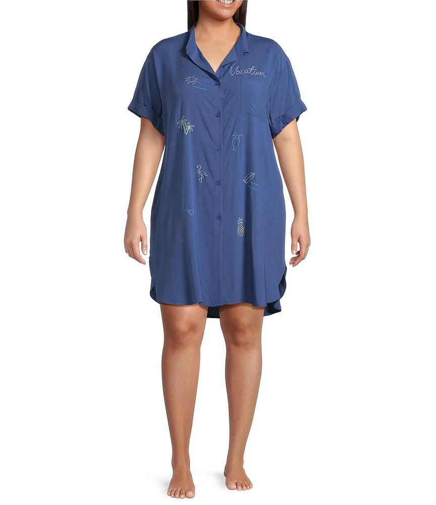 Jasmine & Ginger Plus Size Woven Short Sleeve Button-Front Collar Embroidered Detail Sleepshirt