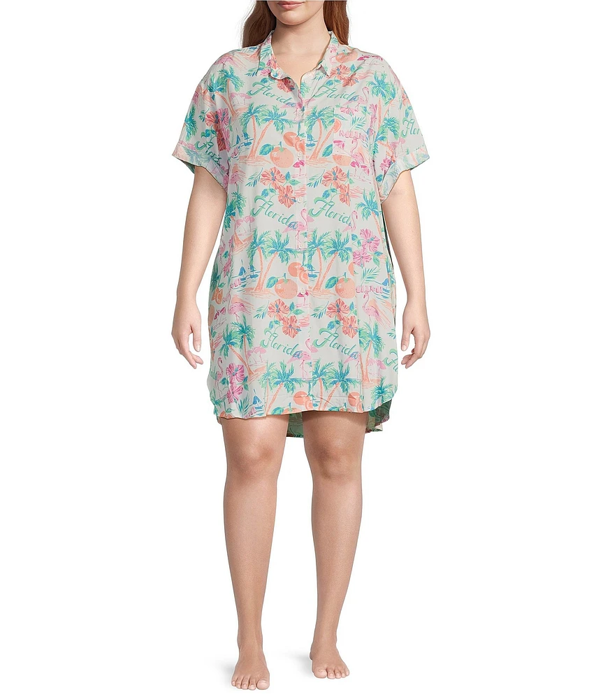Jasmine & Ginger Plus Size Woven Short Sleeve Button-Front Collar Miami Print Sleepshirt