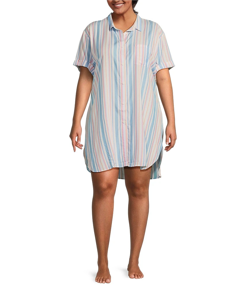 Jasmine & Ginger Plus Size Woven Short Sleeve Button-Front Collar Multi Striped Sleepshirt