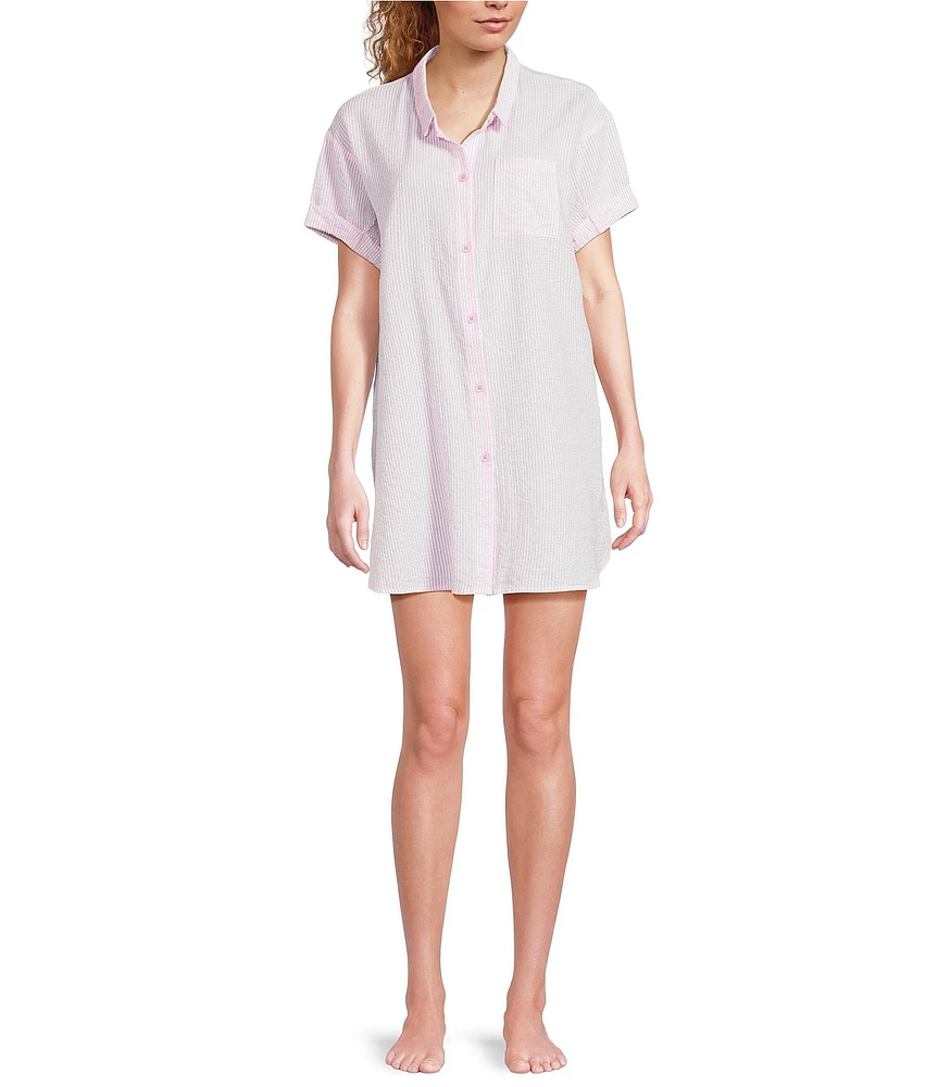 Jasmine & Ginger Striped Seersucker Short Sleeve Button-Front Nightshirt