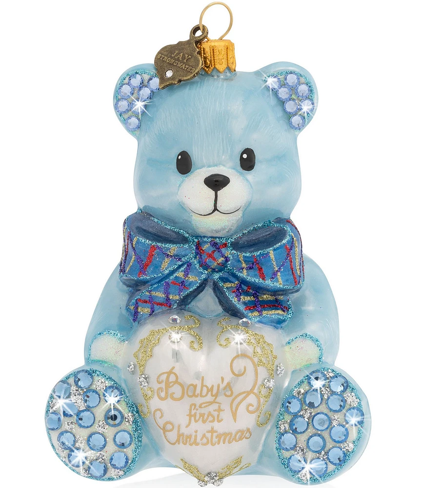 Jay Strongwater Baby's First Christmas Teddy Blue Glass Ornament