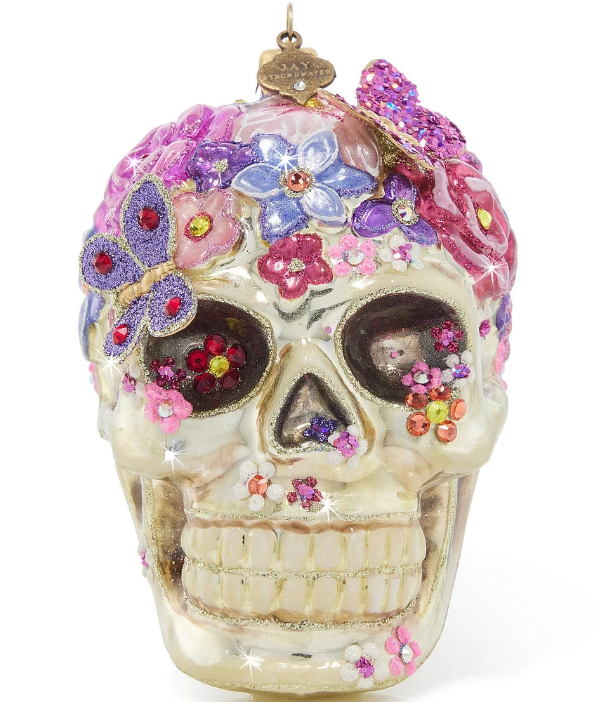 Jay Strongwater Holiday Collection Floral Skull Glass Ornament