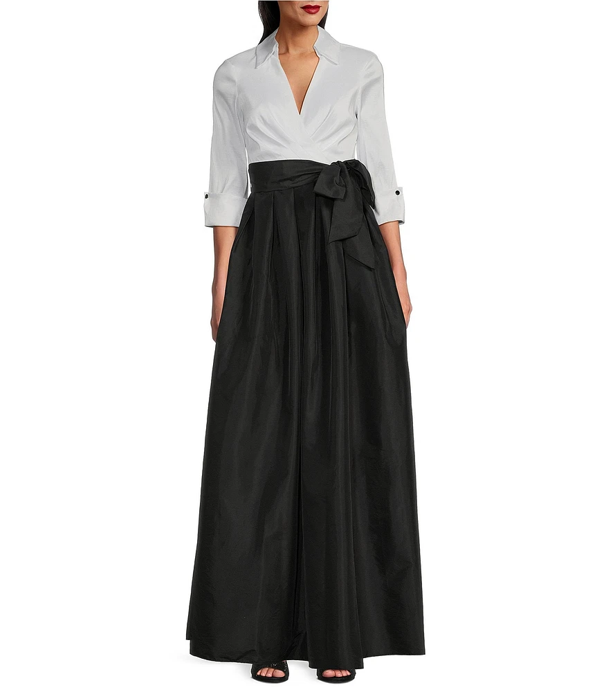 Jessica Howard 3/4 Cuff Sleeve Collared V-Neck Tie Sash Ball Gown