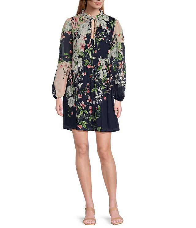 Jessica Howard Petite Size Tie Split Neck Balloon Sleeve Pleated Chiffon Sheath  Dress | Liberty Center